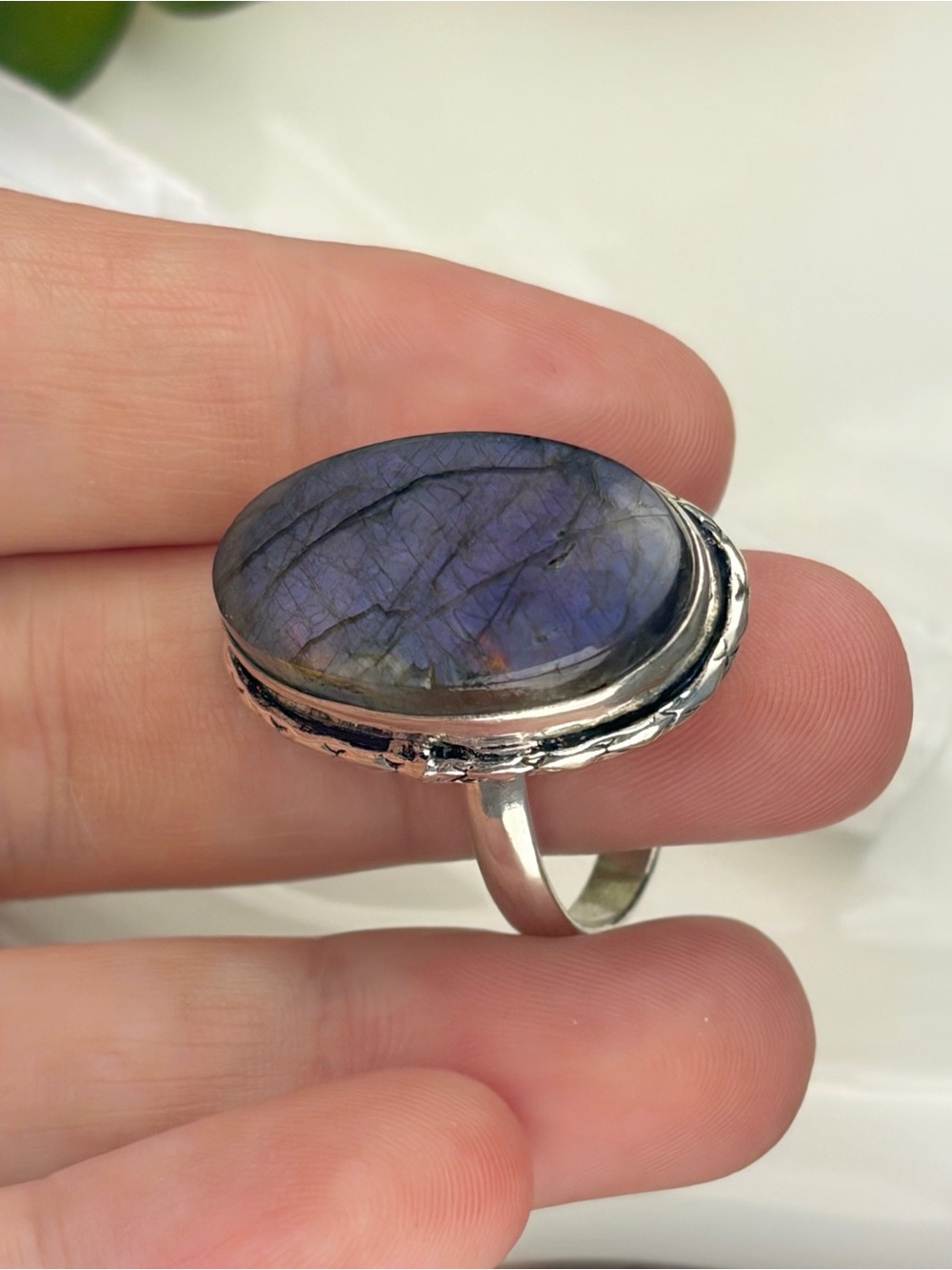 Purple Labradorite Ring Size 9.25 to 9.5 New Sterling Silver 925 Silver Overlay